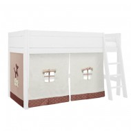 LIFETIME halbhohes Bett 128cm mit schräger Leiter in weiß lackiert mit Vorhang Funland