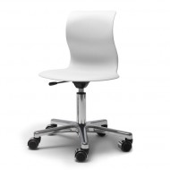 Flötotto Pro4 Schreibtisch-Drehstuhl Alu poliert mit kleinerer Sitzschale in weiß und weichen Rollen