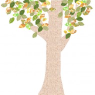 Tapetenbaum beige mit Blättern in orange-grün